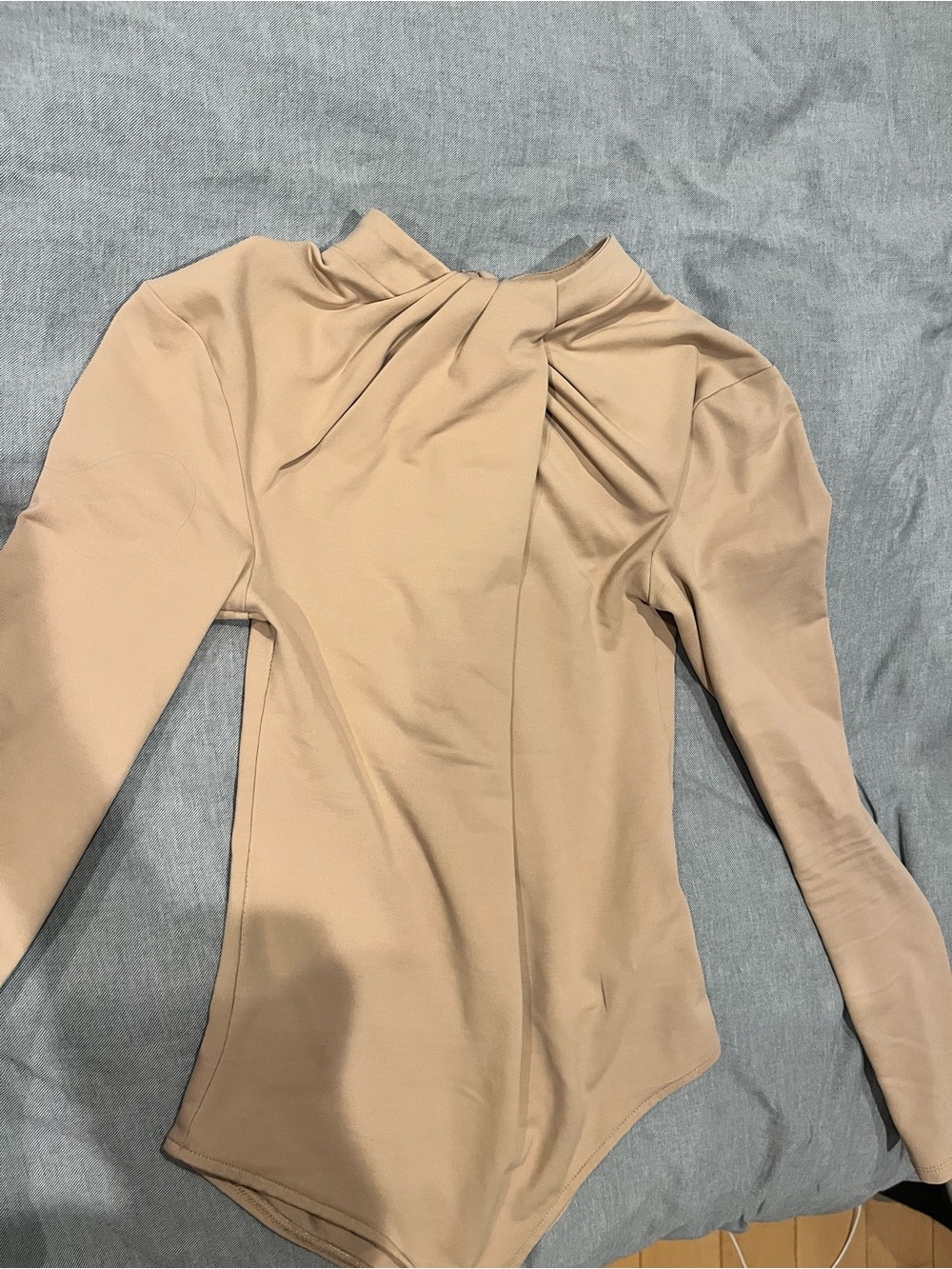 Victoria Beckham inspired nude Pleated Mock Neck Long-Sleeve Bodysuit